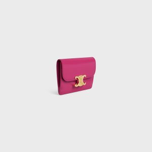 CARD HOLDER WITH FLAP TRIOMPHE IN SHINY CALFSKIN FUCHSIA