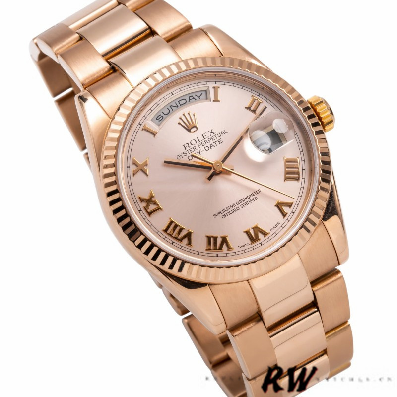 Rolex Day-Date 118235 Pink Roman Numeral dial Fluted Bezel 36mm Lady Replica Watch - Image 3