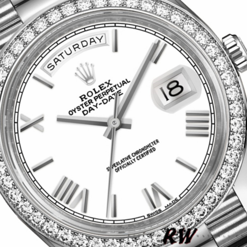 Rolex Day-Date 228349RBR White Roman Dial Diamond Bezel 40mm Mens Replica Watch - Image 2