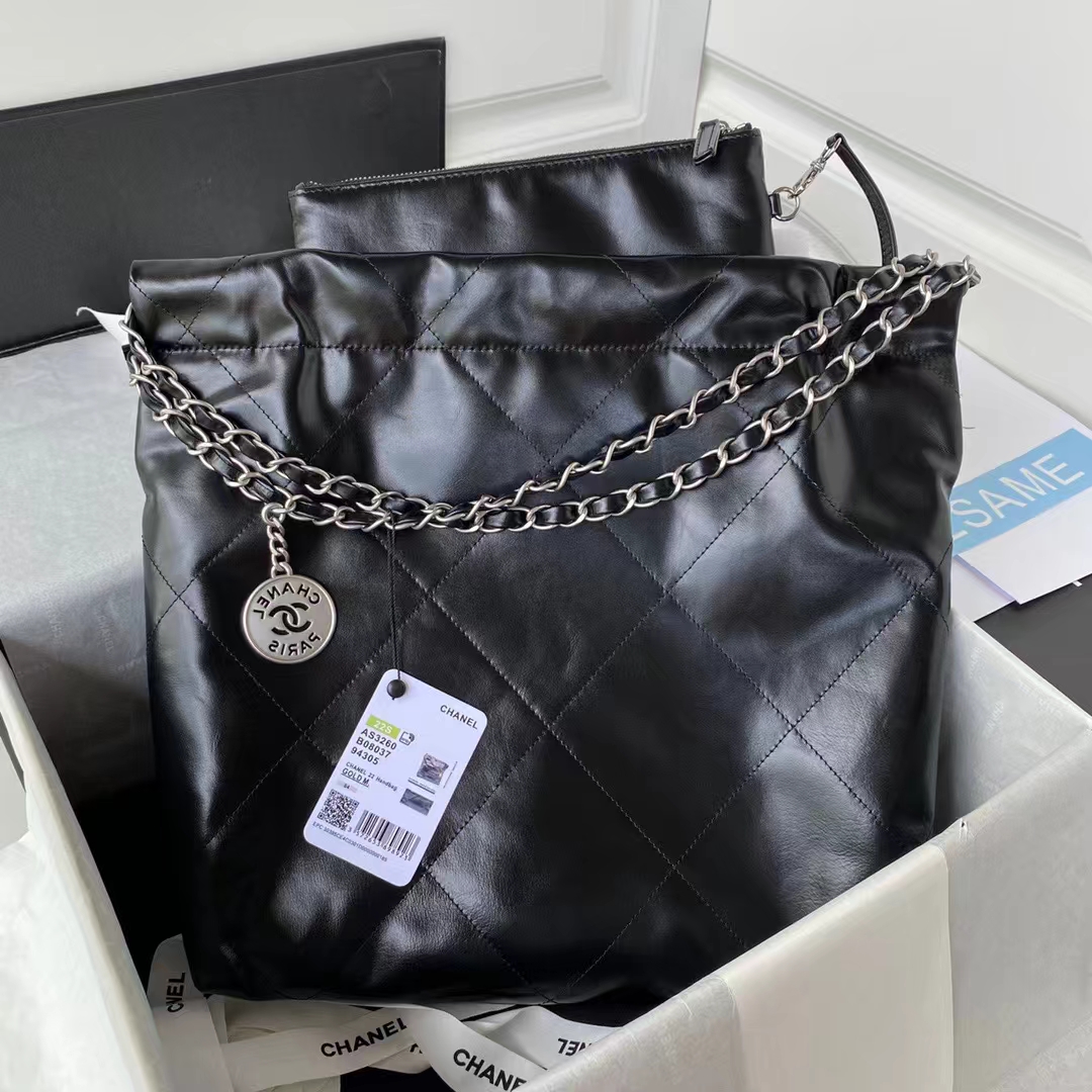 Chanel 22 AS3260 Small Bag Black Calfskin Silver Hardware - Image 4