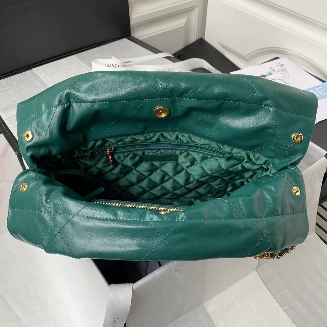 Chanel 22 AS3260 Small Bag Dark Green Calfskin Gold Hardware - Image 8