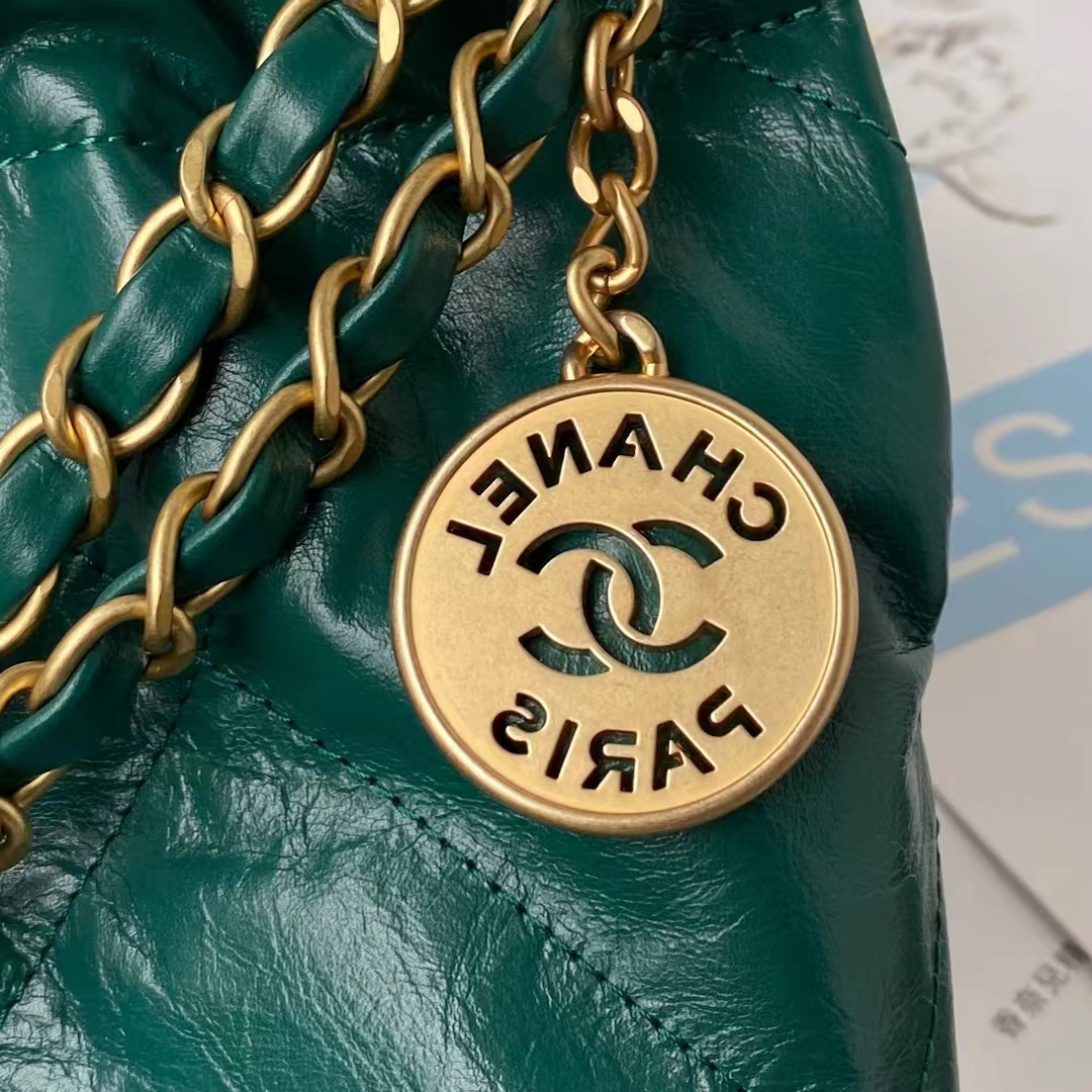 Chanel 22 AS3260 Small Bag Dark Green Calfskin Gold Hardware - Image 7