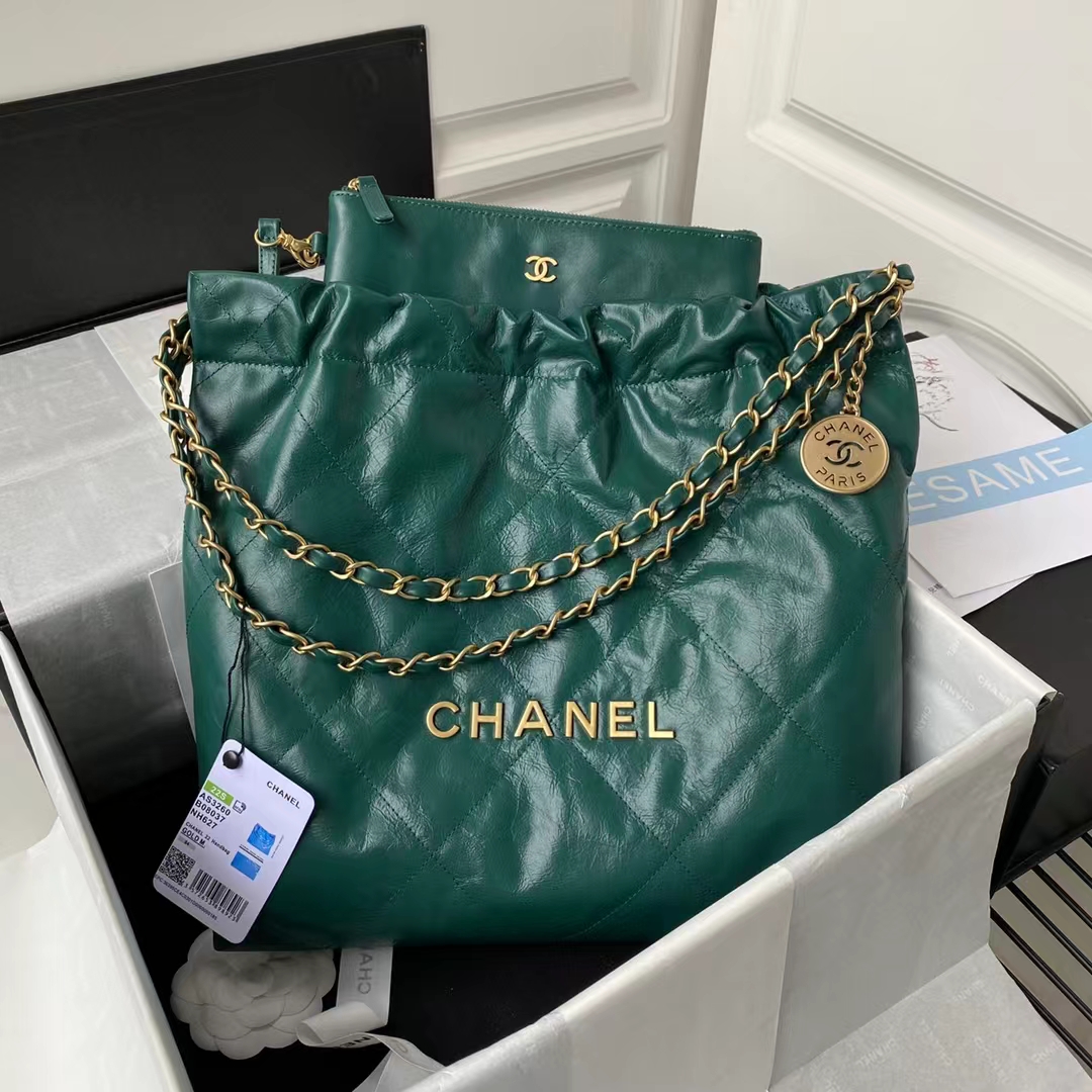 Chanel 22 AS3260 Small Bag Dark Green Calfskin Gold Hardware - Image 6
