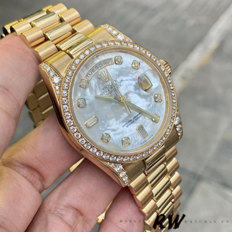 Rolex Day-Date 118388 White Mother-Of-Pearl Diamond Dial 36MM Unisex Replica Watch - Image 3