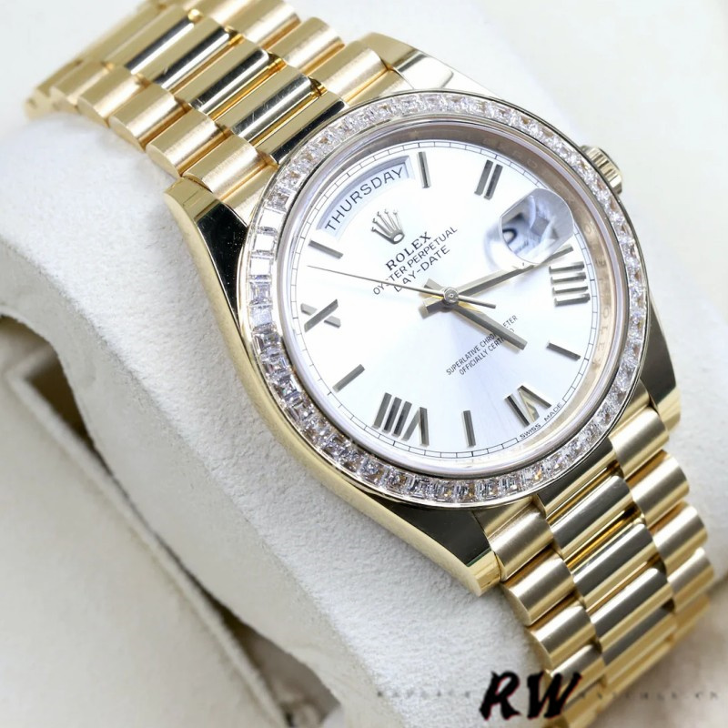 Rolex Day-Date 228398TBR Silver Roman Numeral Dial Diamond Bezel 40mm Mens Replica Watch - Image 4