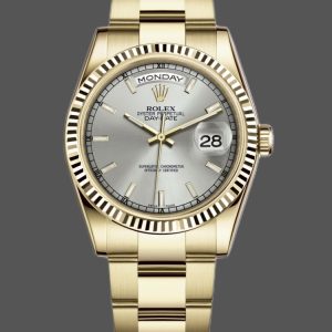 Rolex Day-Date 118238 Yellow Gold Silver dial Fluted Bezel 36mm Unisex Replica Watch
