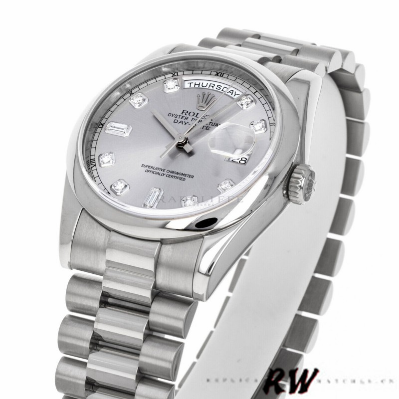 Rolex Day-Date 118209 White Gold Silver Diamond Dial Automatic 36mm Unisex Replica Watch - Image 4