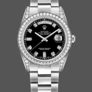 Rolex Day-Date 118389 Diamond Bezel Black Diamond Dial 36MM Unisex Replica Watch