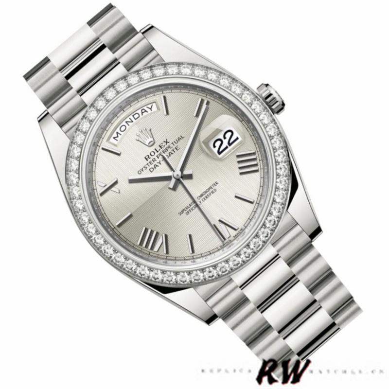 Rolex Day-Date 228349RBR Silver Roman Dial Diamond Bezel 40mm Mens Replica Watch - Image 3
