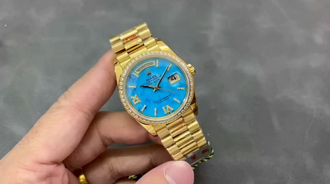 Rolex Day-Date 128348RBR Turquoise Diamond Dial Yellow Gold 36MM Unisex Replica Watch - Image 2