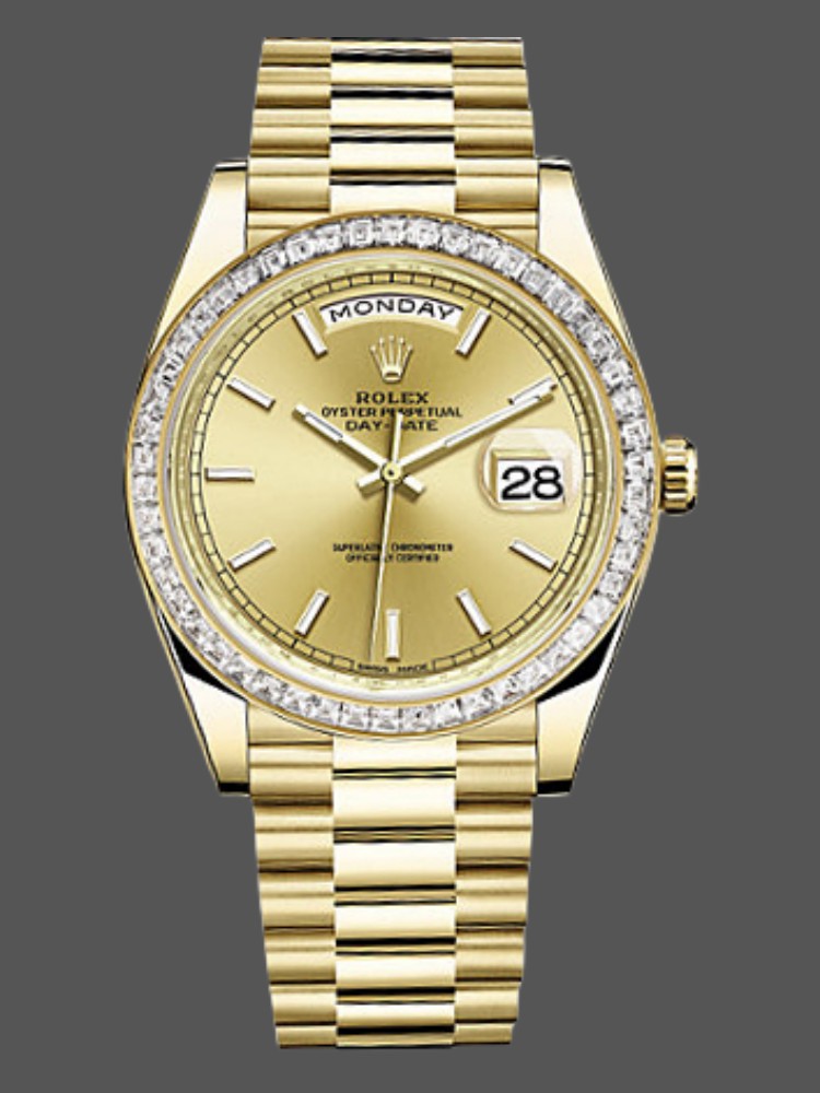 Rolex Day-Date 228398TBR Champagne Index Dial Diamond Bezel 40mm Mens Replica Watch