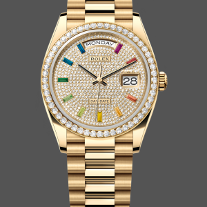 Rolex Day Date 36mm Yellow Gold 128348RBR 0030 Pave Rainbow Diamonds Sapphires Dial