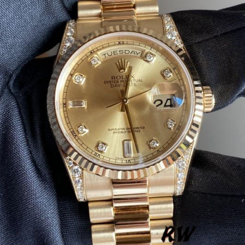 Rolex Day-Date 118338 Yellow Gold Champagne Diamonds Dial 36mm Unisex Replica Watch - Image 2