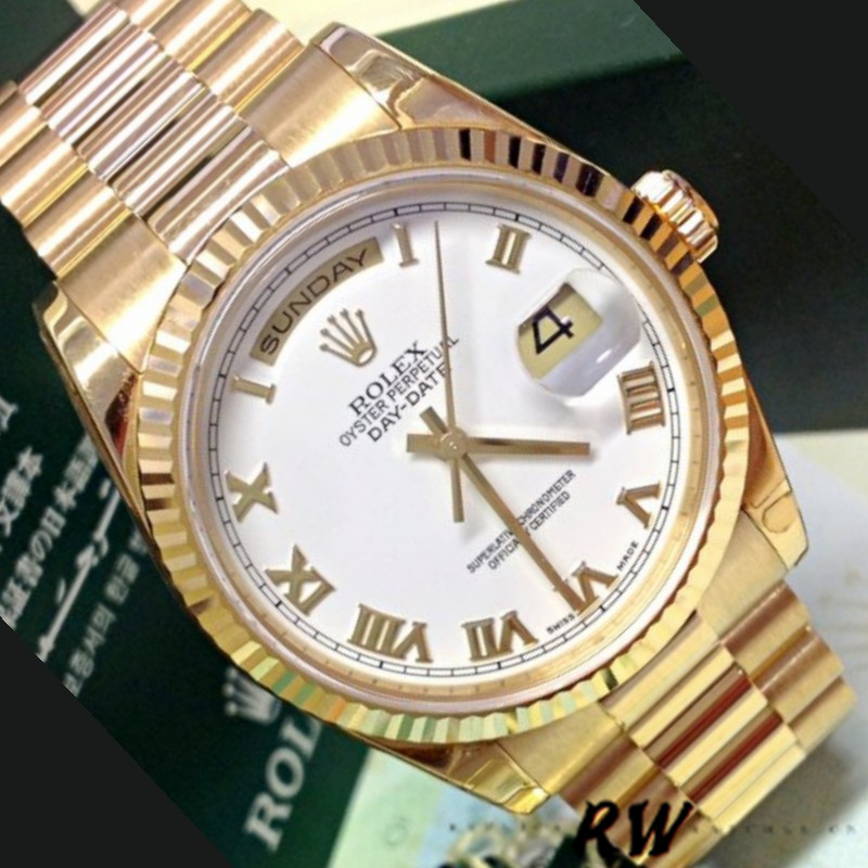 Rolex Day-Date 118238 Yellow Gold White dial Fluted Bezel 36mm Unisex Replica Watch - Image 4