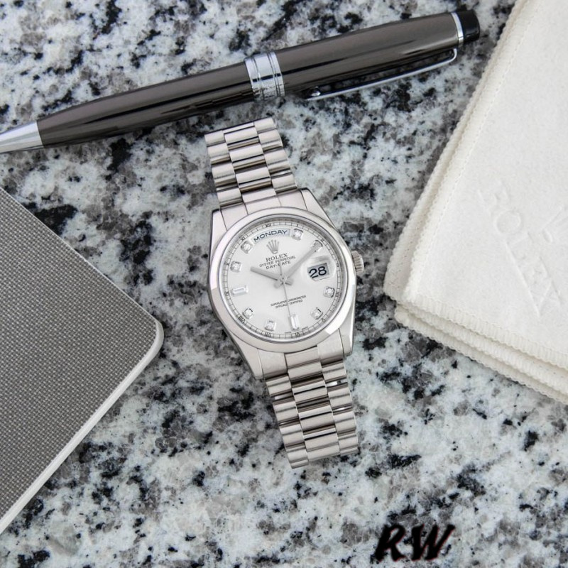 Rolex Day-Date 118209 White Gold Silver Diamond Dial Automatic 36mm Unisex Replica Watch - Image 6