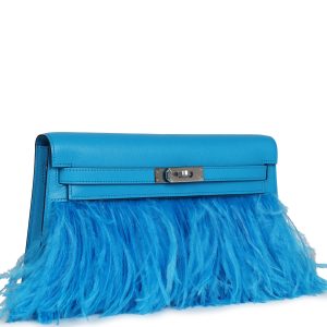 Hermes Kelly Elan Foile Bleu Frida Chevre Chamkila and Ostrich Feathers Palladium Hardware