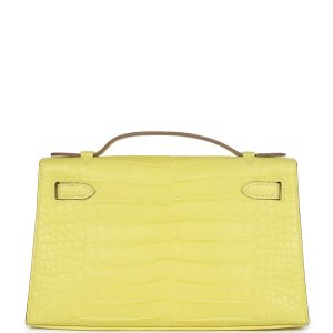 Hermes Kelly Pochette Lime Matte Alligator Palladium Hardware