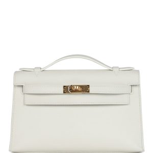 Hermes Kelly Pochette White Swift Gold Hardware