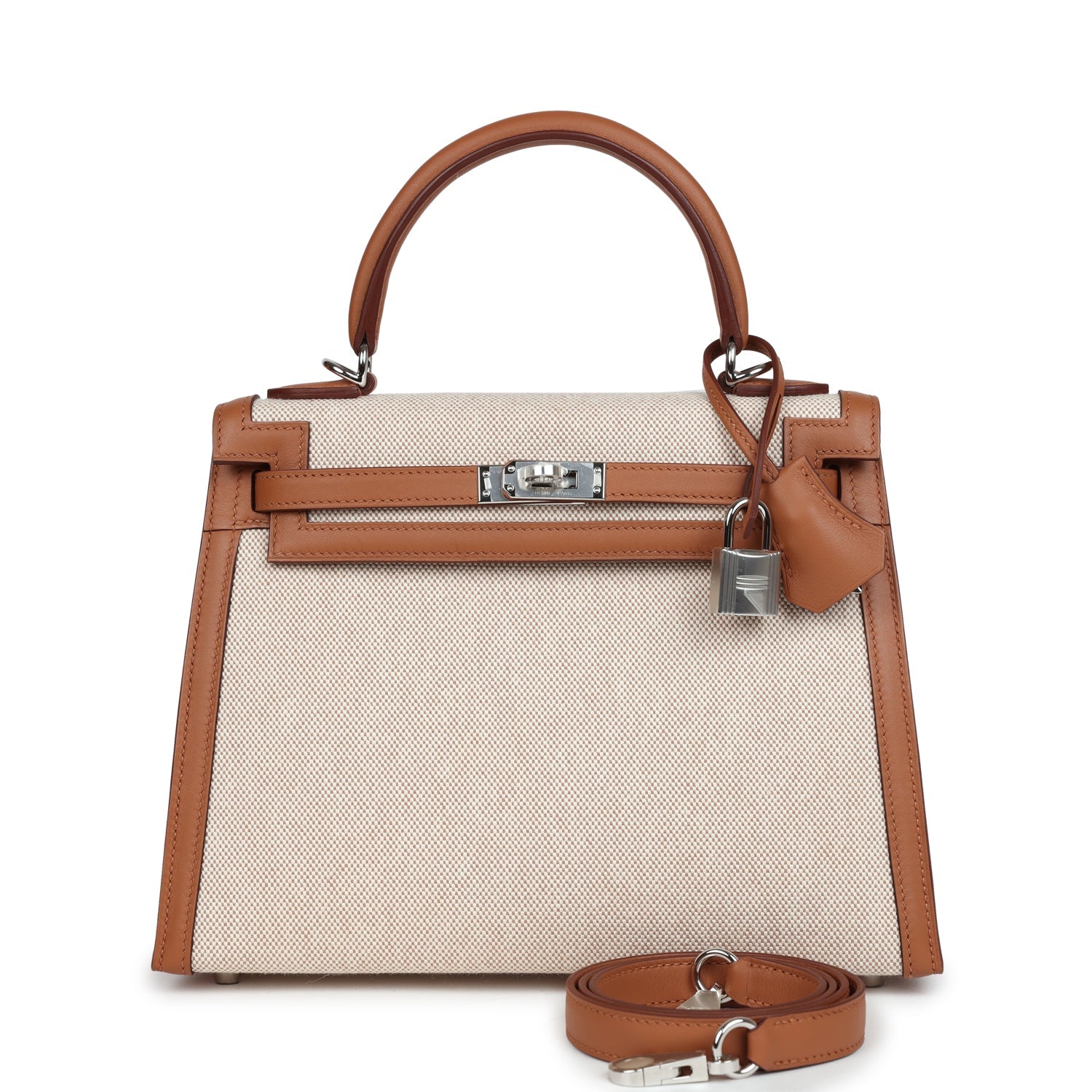 Hermes Kelly Sellier 25 Gold Swift and Ecru Toile Palladium Hardware - Image 5