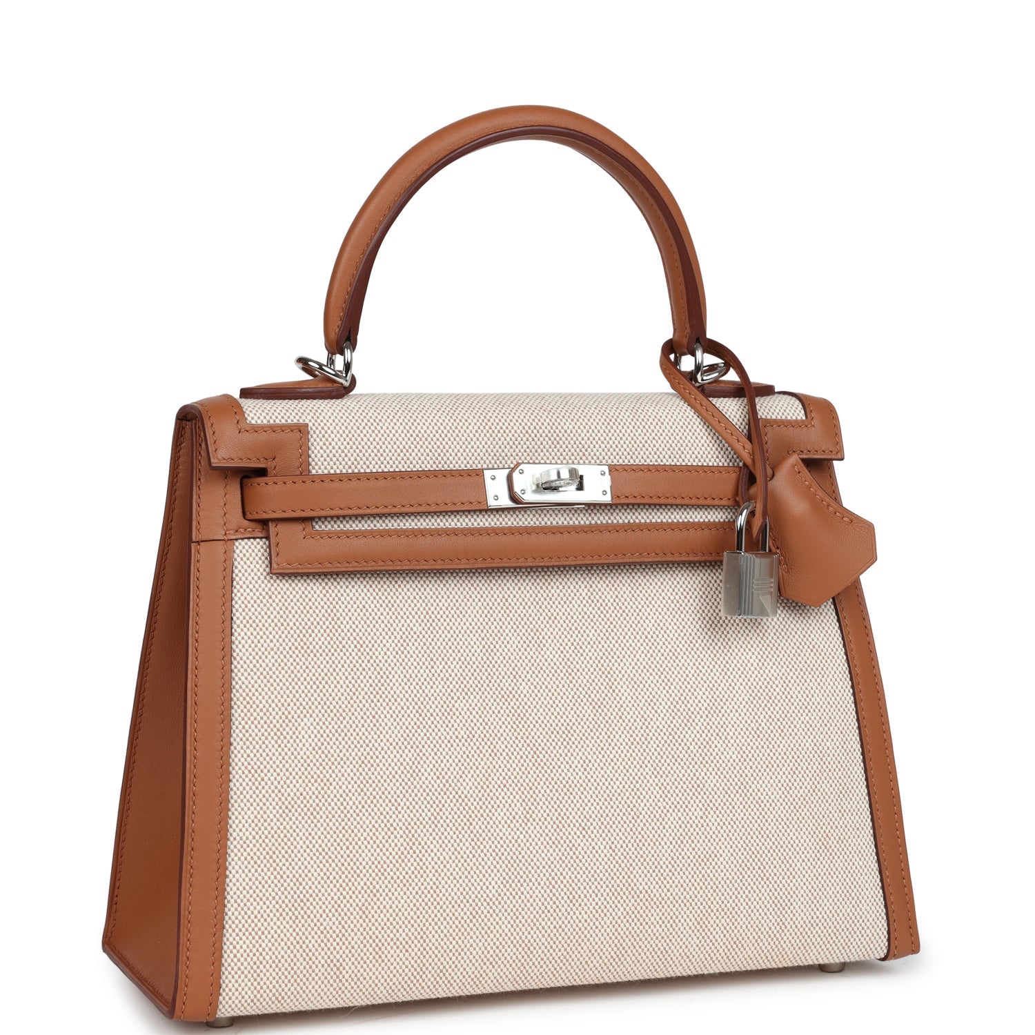 Hermes Kelly Sellier 25 Gold Swift and Ecru Toile Palladium Hardware - Image 8