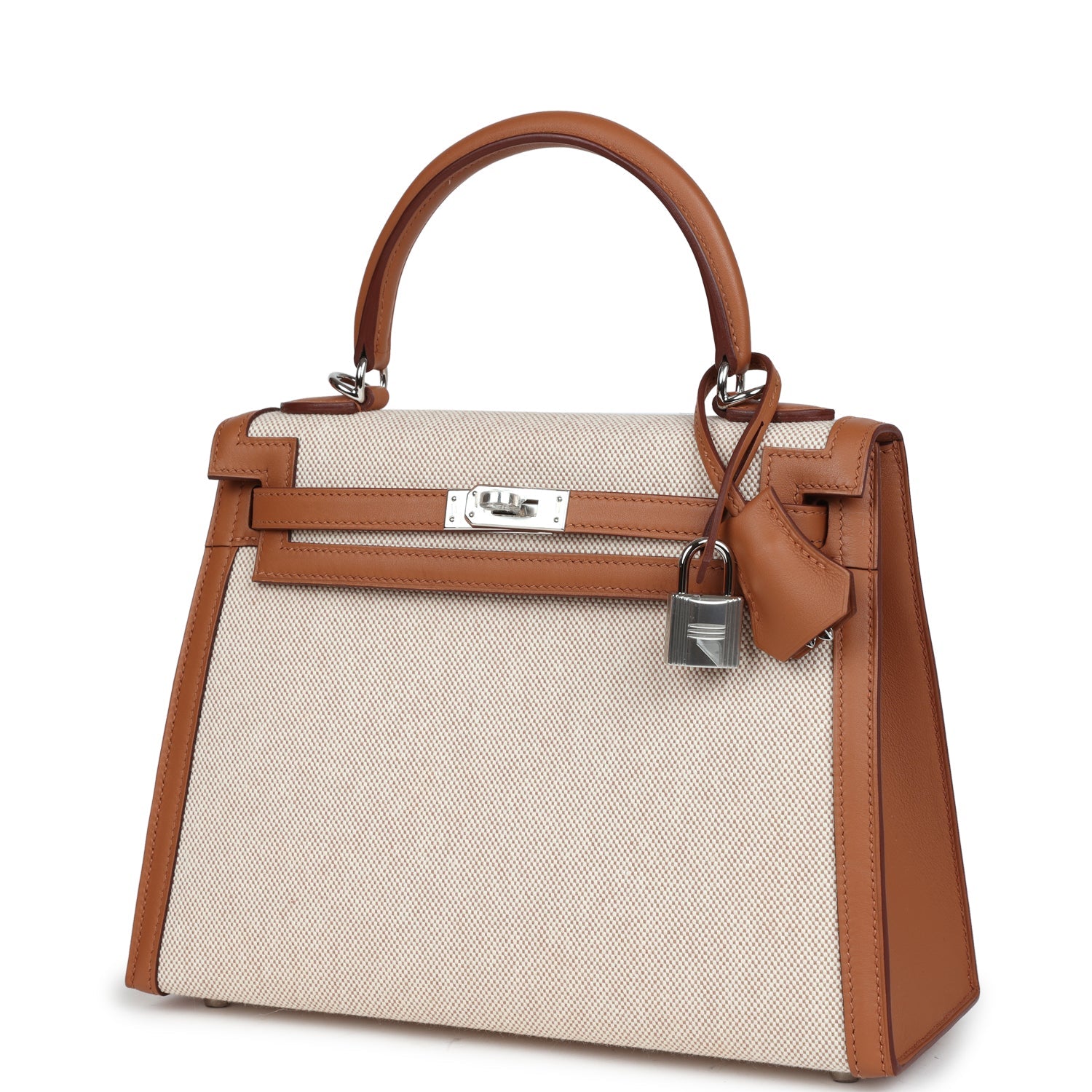 Hermes Kelly Sellier 25 Gold Swift and Ecru Toile Palladium Hardware - Image 7
