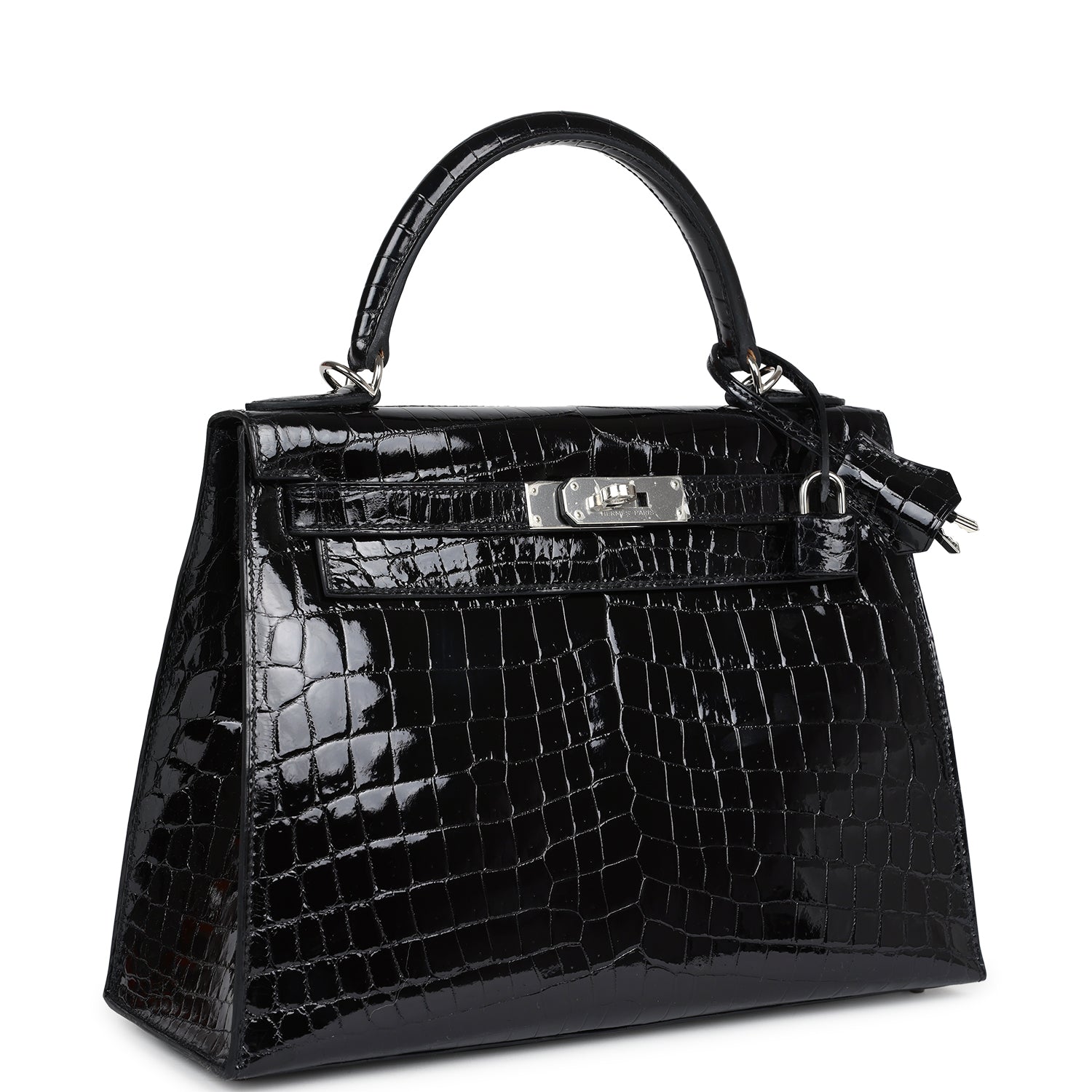 Hermes Kelly Sellier 28 Black Shiny Niloticus Crocodile Palladium Hardware - Image 7