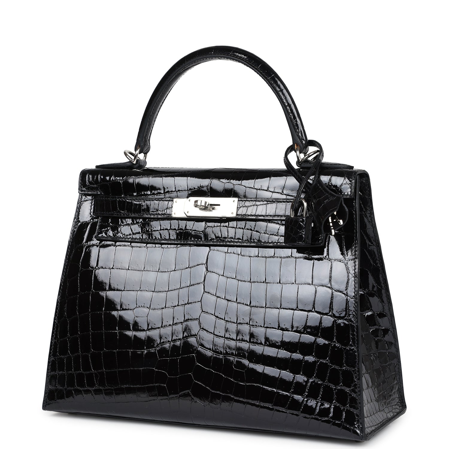 Hermes Kelly Sellier 28 Black Shiny Niloticus Crocodile Palladium Hardware - Image 9
