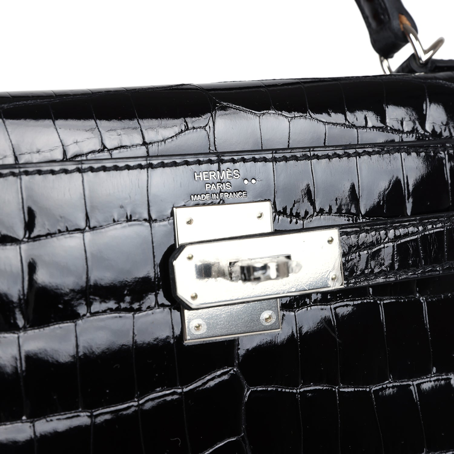Hermes Kelly Sellier 28 Black Shiny Niloticus Crocodile Palladium Hardware - Image 6