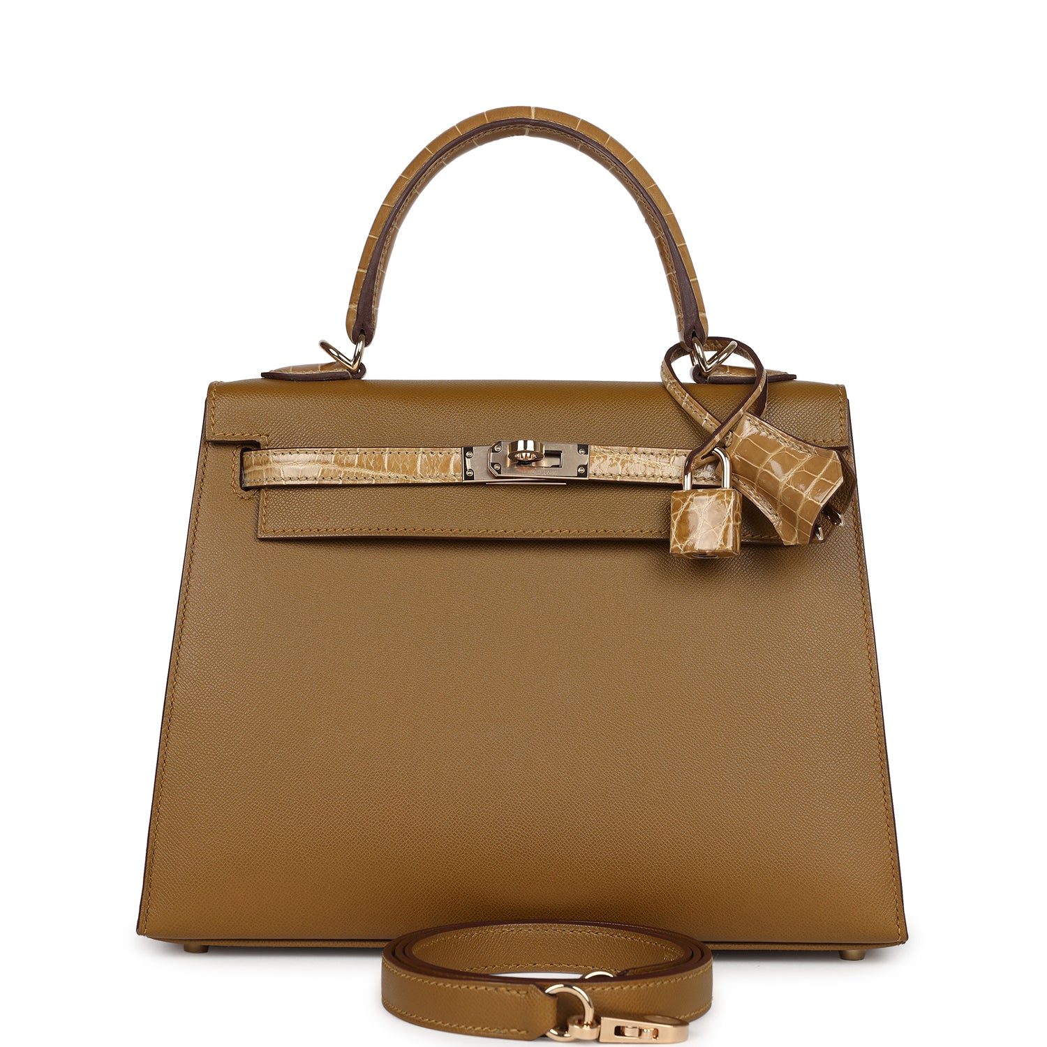 Hermes Kelly Sellier 25 Bronze Dore Madame and Sable Shiny Niloticus Crocodile Touch Permabrass Hardware - Image 5