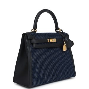 Hermes Kelly Sellier 25 Black Swift and Bleu Saphir Toile Gold Hardware