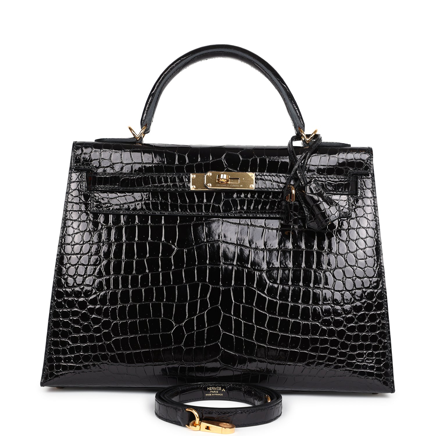 Hermes Kelly Sellier 32 Black Shiny Porosus Crocodile Gold Hardware - Image 3
