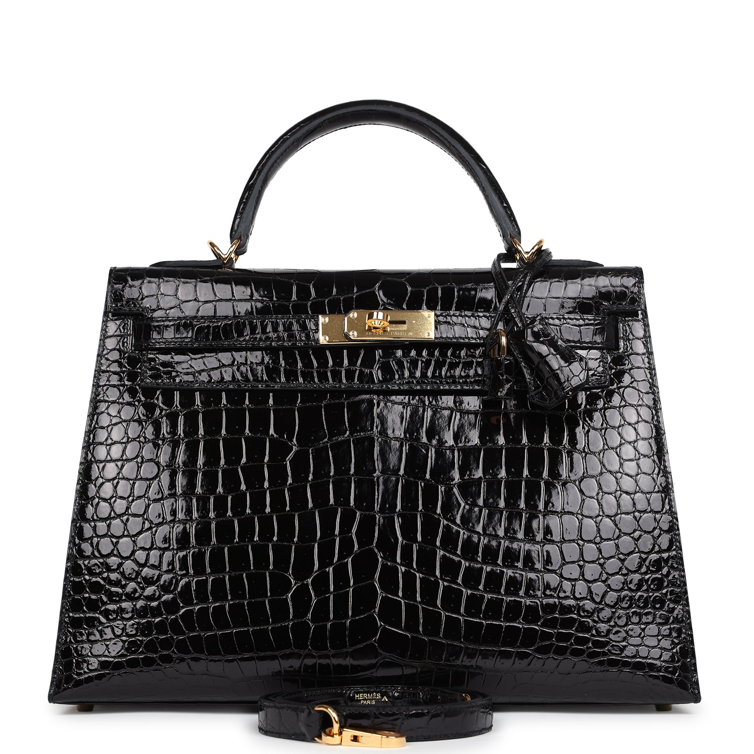 Hermes Kelly Sellier 32 Black Shiny Porosus Crocodile Gold Hardware - Image 2