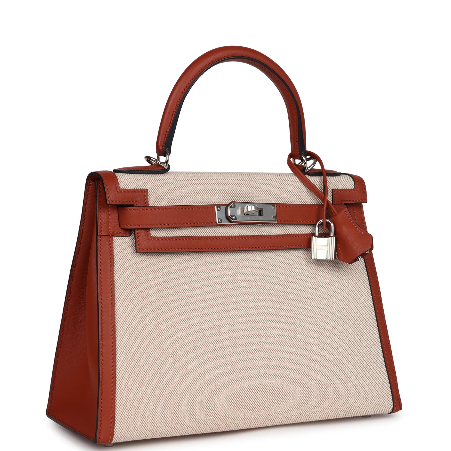 Hermes Kelly Sellier 28 Cuivre Swift and Ecru Toile H Palladium Hardware - Image 5