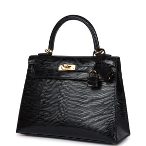 Hermes Kelly Sellier 25 Black Varanus Niloticus Lizard Gold Hardware