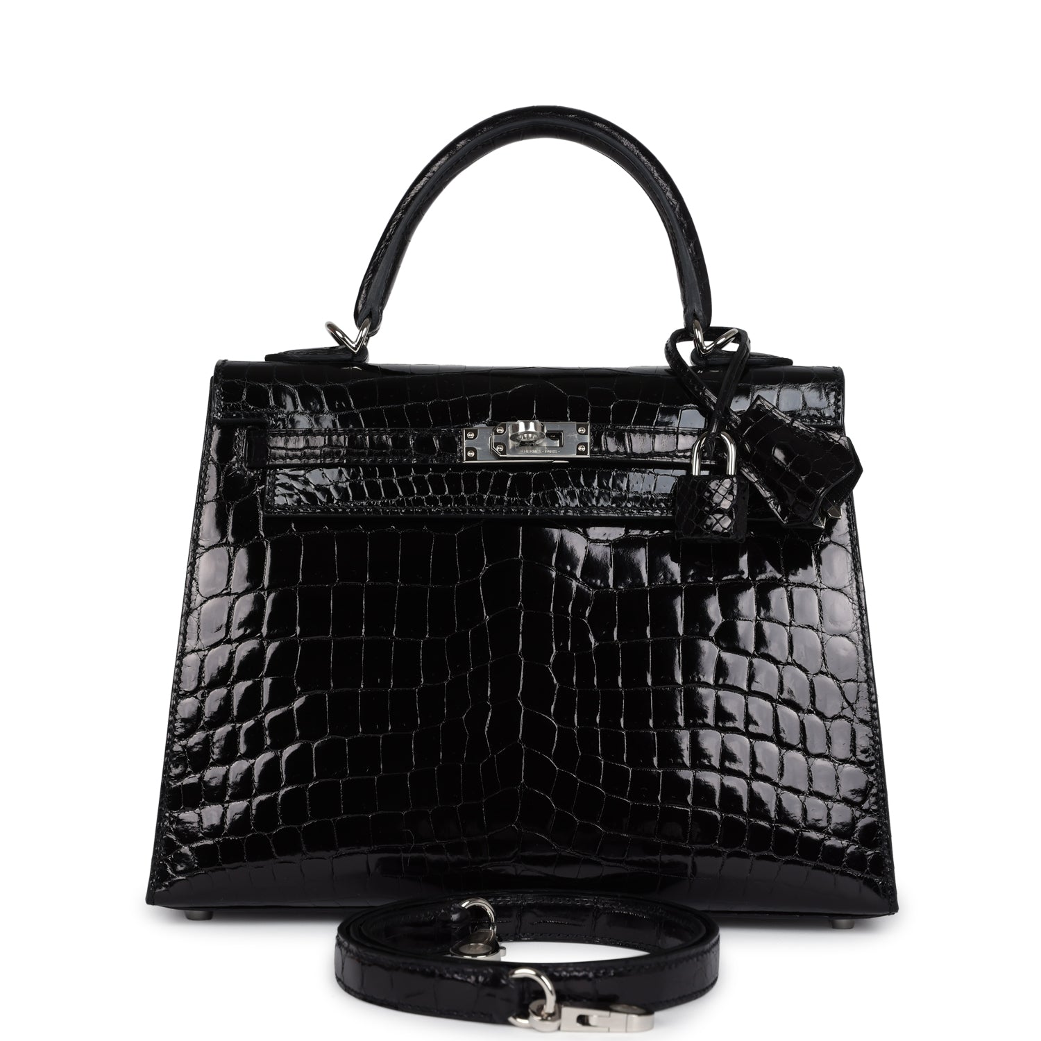 Hermes Kelly Sellier 25 Black Shiny Niloticus Crocodile Palladium Hardware - Image 3