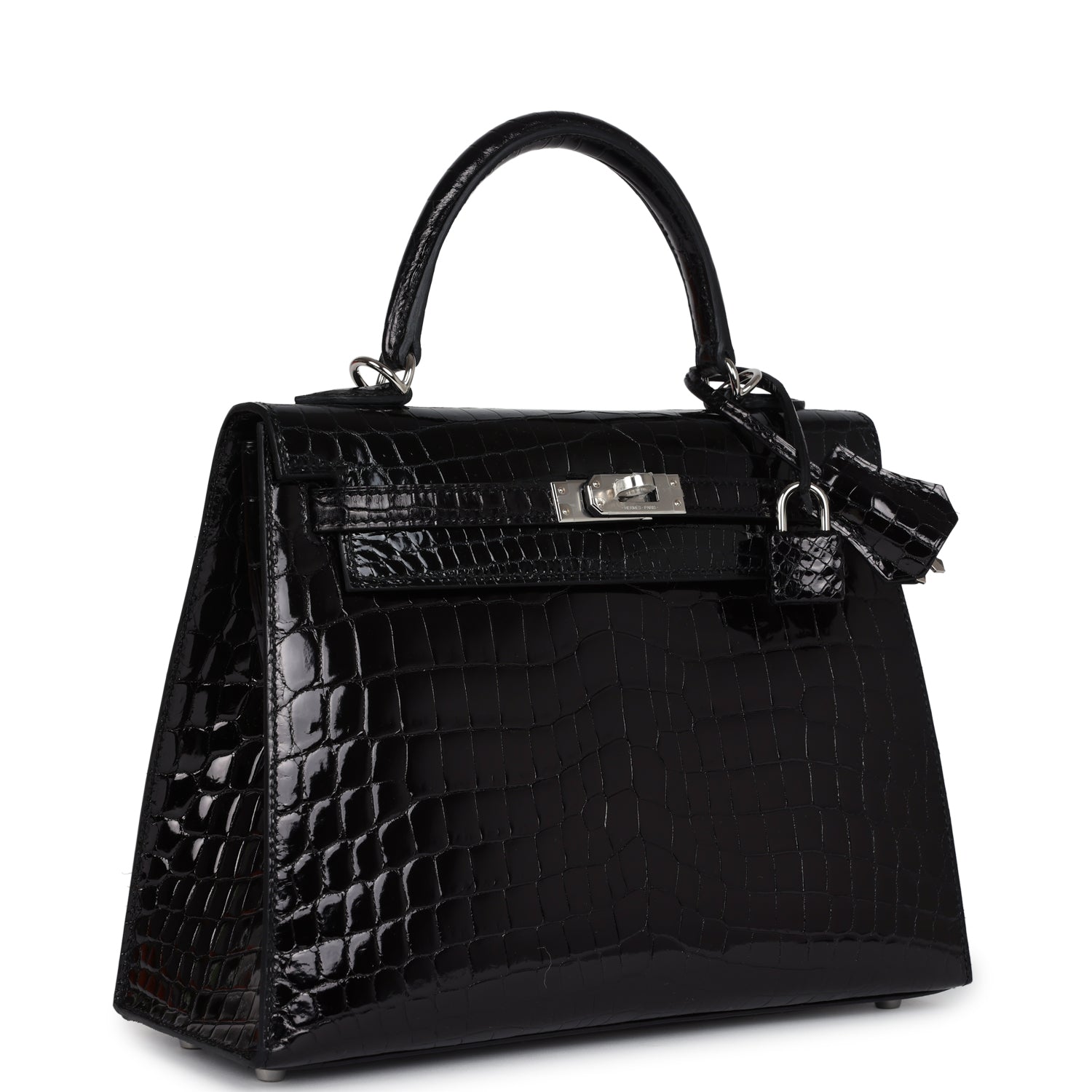 Hermes Kelly Sellier 25 Black Shiny Niloticus Crocodile Palladium Hardware - Image 7