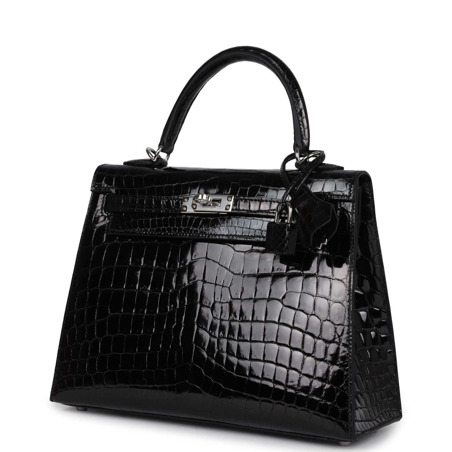 Hermes Kelly Sellier 25 Black Shiny Niloticus Crocodile Palladium Hardware - Image 4