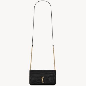 YSL Cassandre Phone Holder in Shiny Crocodile-Embossed Leather