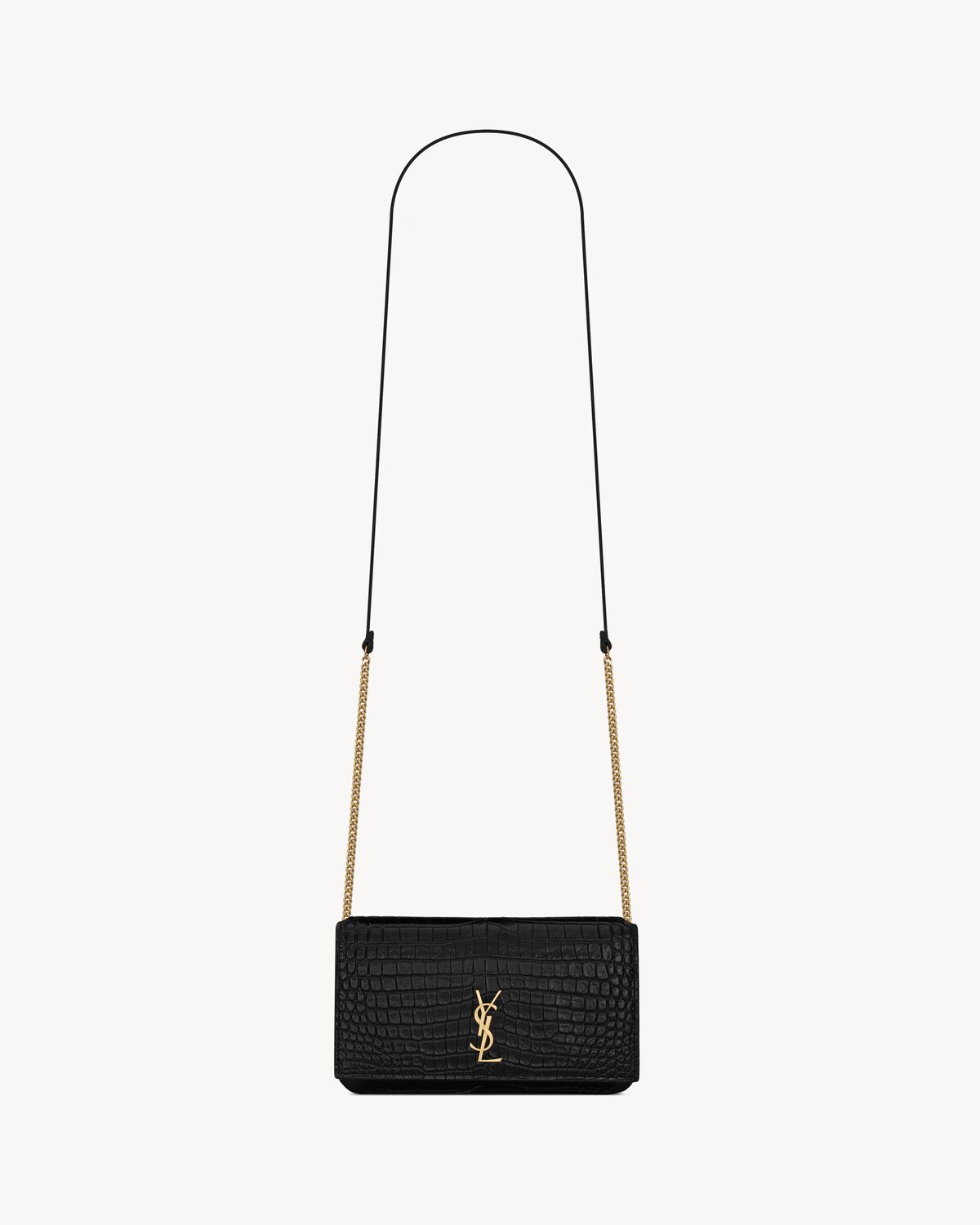 YSL Cassandre Phone Holder in Shiny Crocodile-Embossed Leather