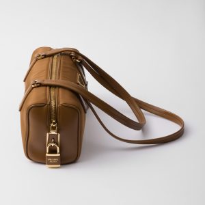 Re-Nylon and Leather Medium Top-Handle Bag With Padlock