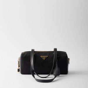 Re-Nylon and Leather Medium Top-Handle Bag With Padlock