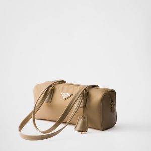 Re-Nylon and Leather Medium Top-Handle Bag With Padlock