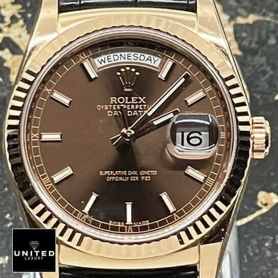 Rolex Day-Date 128238 "Black Leather" Super Accurate Clone Rolex Day Date 118139 Rose Gold Case Brown Dial