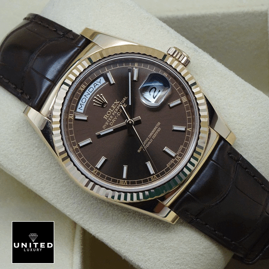 Rolex Day-Date 118135-0002 "Brown Dial" Detailed Replica rolex day date 118139 replica tiltedleft Rolex Day-Date 118139 Chocolate Dial Brown Leather Bracelet Replica