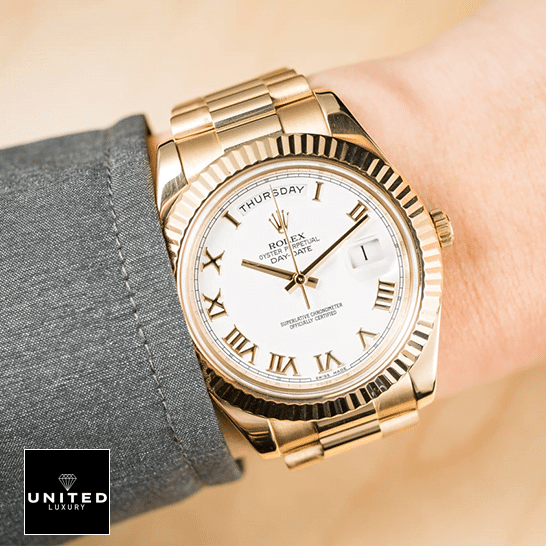 Rolex Day-Date II Collection Gold Silver White Dial 218238 Replica on is arm