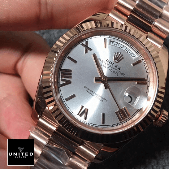 Rolex Day-Date 228235-0016 "Rhodium Dial" Super Accurate Clone Rolex day-date roman wihte dial replica on the hand