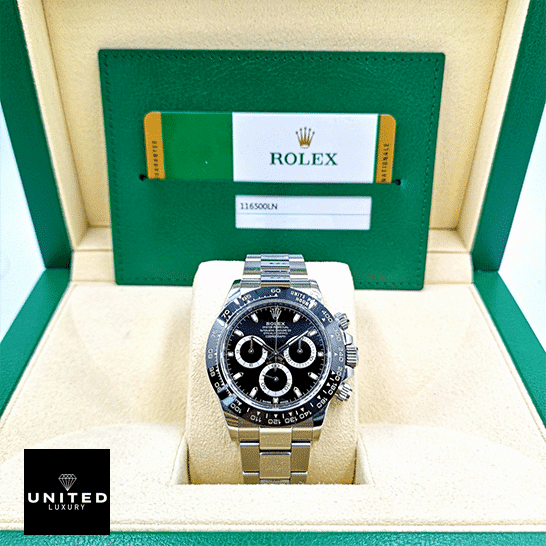 Rolex Daytona 116500LN "Panda Dial" True Clone 1:1 rolex daytona 116500LN stainless steel black dial oyster replica unitedluxurynet 1 Rolex Daytona 116500ln-0002 Replica in the Rolex Box and warranty card on the back