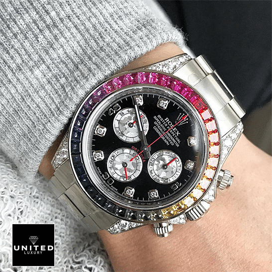 Rolex Cosmograph Daytona 116599RBOW "Black Diamond" Exclusive Clone Edition Rolex Daytona White Gold Diamond Set Custom Case 116599RBOW Replica on his arm